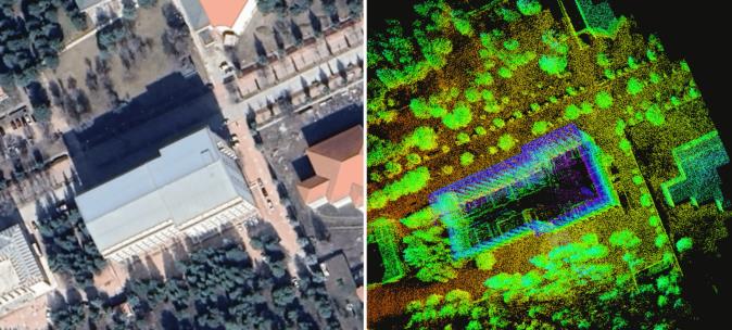 Comparison of the surveyed outdoor area and reconstructed coloured point cloud