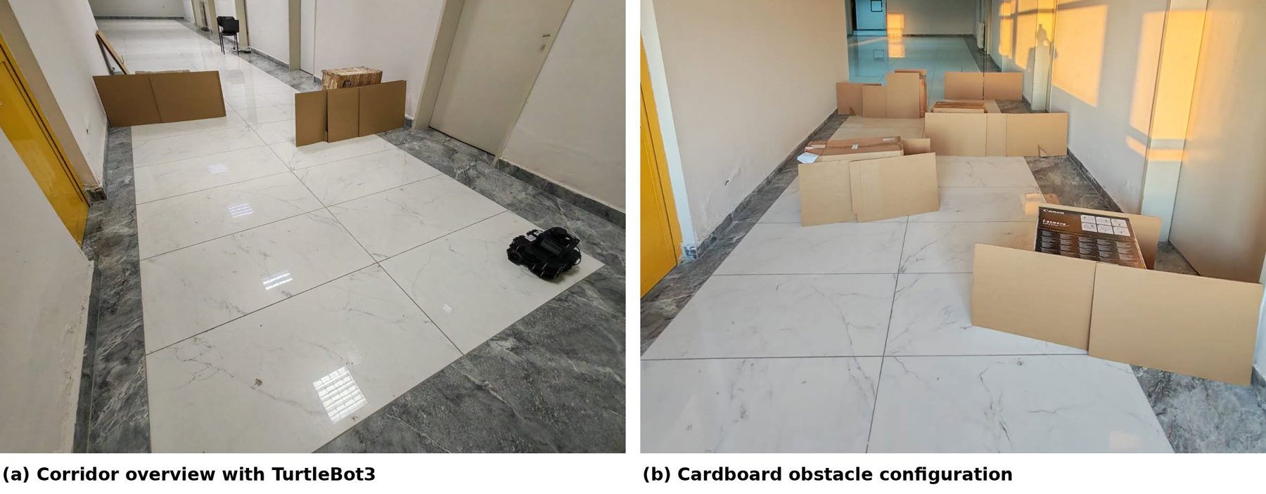 The physical evaluation corridor and its cardboard obstacle configuration